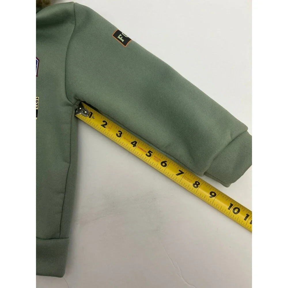 SHEIN Boys Sage Green Patch Hooded Jacket with Faux Fur Trim- Size 5Y